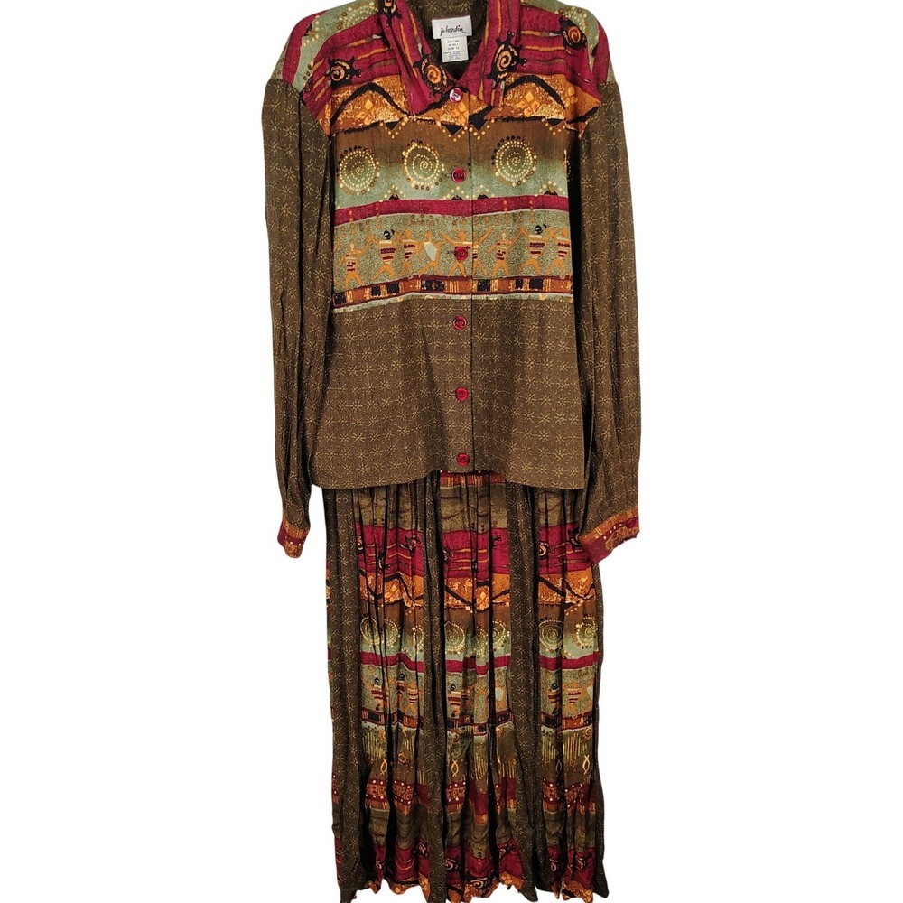 Jo Hardin Womens SZ 14/16 2pc Skirt Set Brown Tribal Rayon Art to Wear 90s